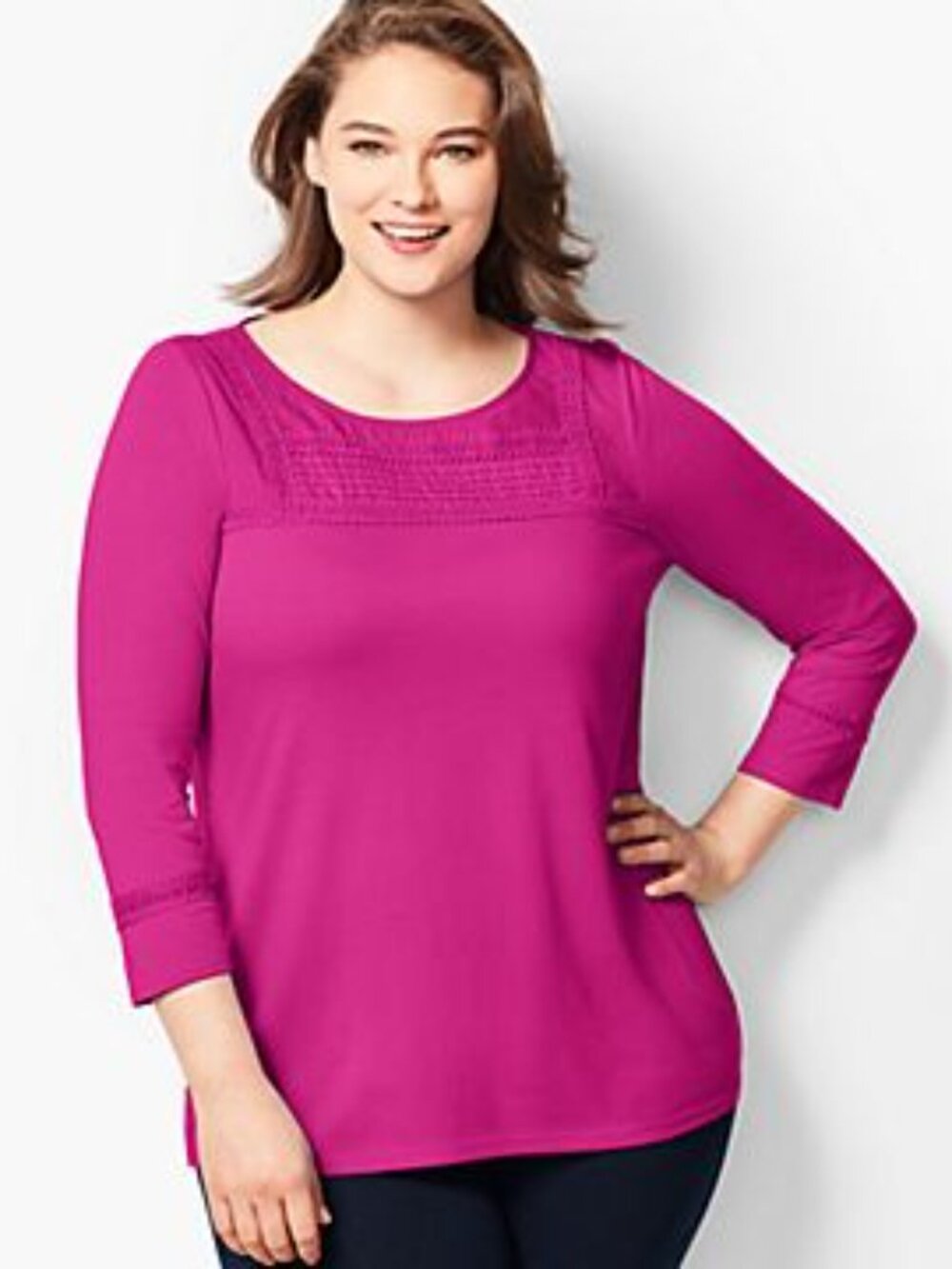 Talbots Pintuck Woven-Panel Top 1X Magenta Pink Cotton Modal